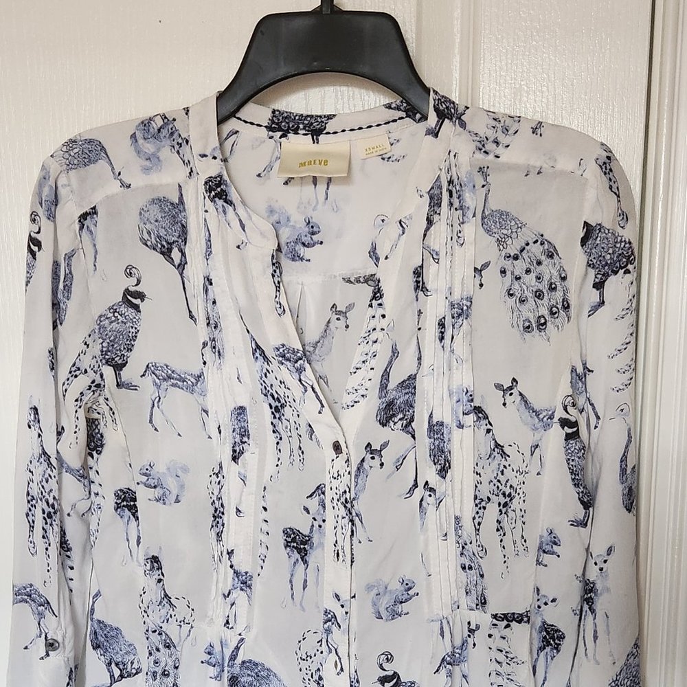 ANTHROPOLOGIE | Maeve Fauna Animal Print Long Sleeve Pleated Button Front Tunic